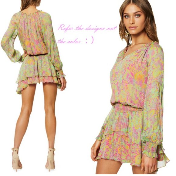 NWT Boho Ramy Brook Chiffon Dresses Rosanna Printed Long-Sleeve Mini Dress - Picture 2 of 10